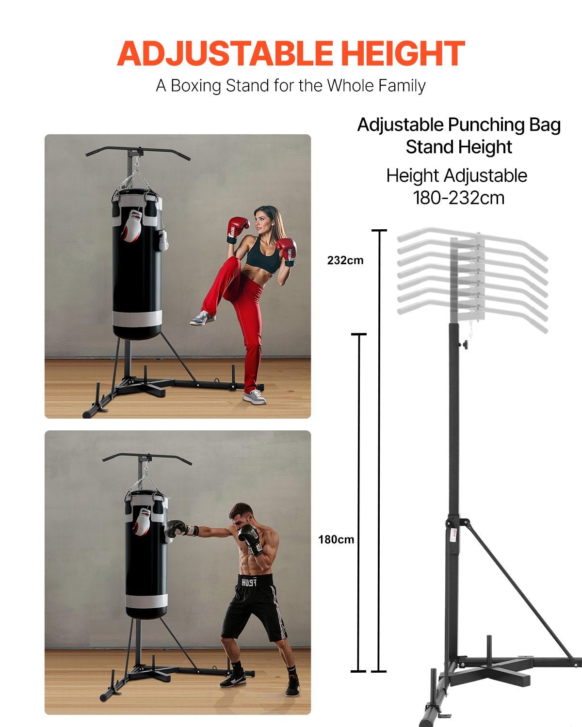 Heavy duty 2-in-1 adjustable punching bag stand. Steel freestanding boxing training equipment with height settings from 180cm to 232cm.