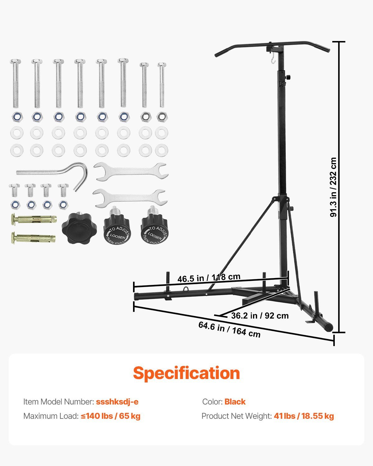 Heavy duty 2-in-1 steel punching bag stand with dimensions, assembly hardware, and 140 lbs max load specifications for home boxing training.