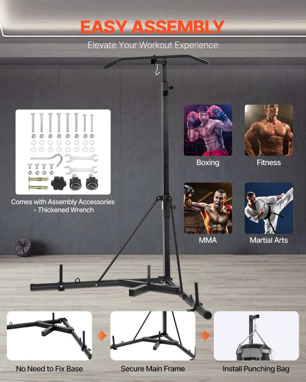 Heavy duty 2-in-1 steel punching bag stand with assembly hardware. Freestanding boxing equipment for MMA, martial arts, and fitness training.