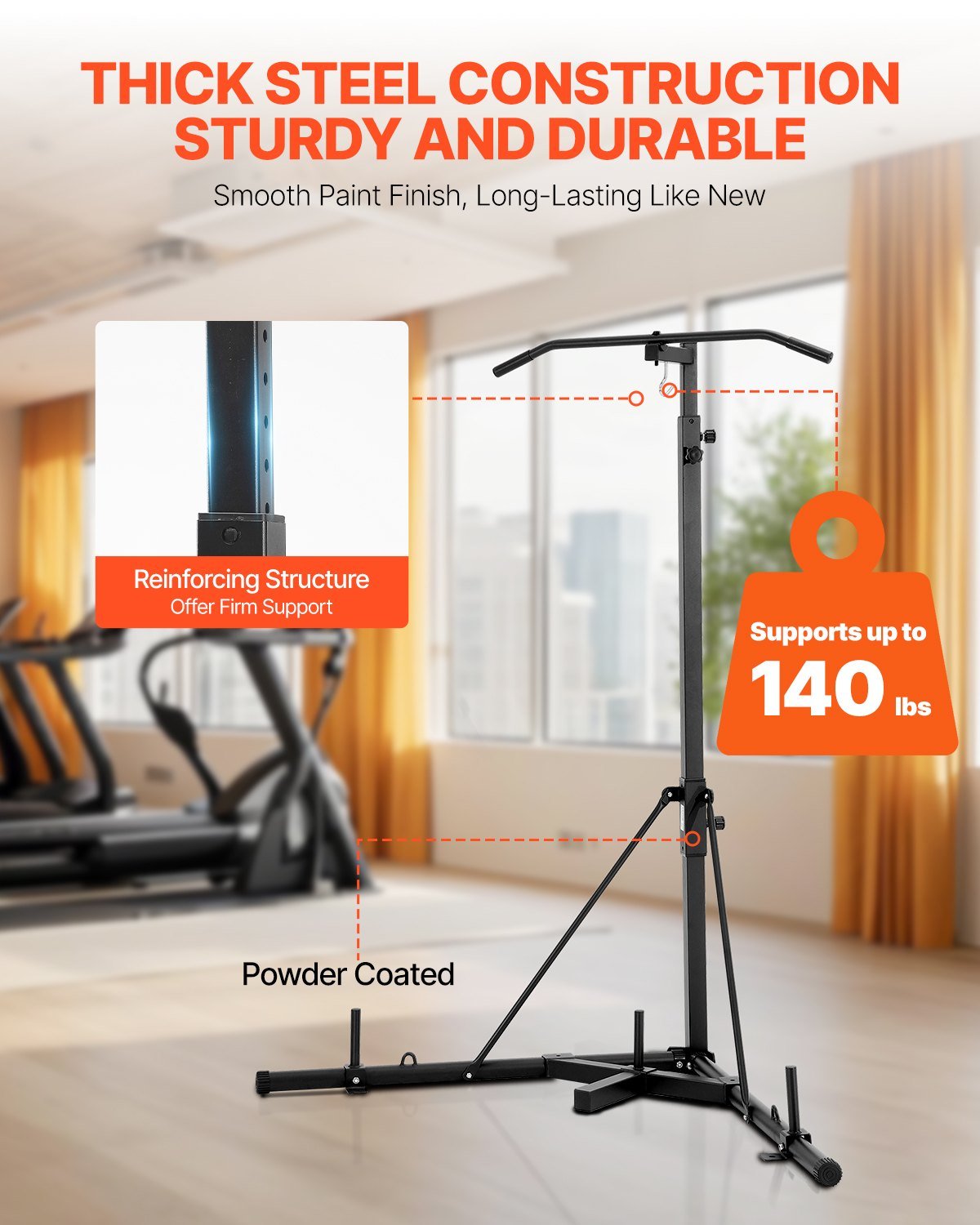 Heavy-duty 2-in-1 punching bag stand with thick carbon steel construction, powder-coated finish, and 140 lbs capacity for home boxing training.