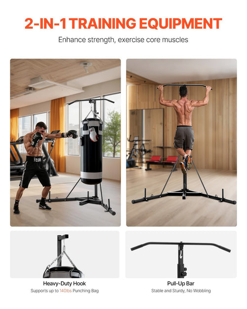 Heavy-duty 2-in-1 punching bag stand with pull-up bar for boxing training and core strength exercises.