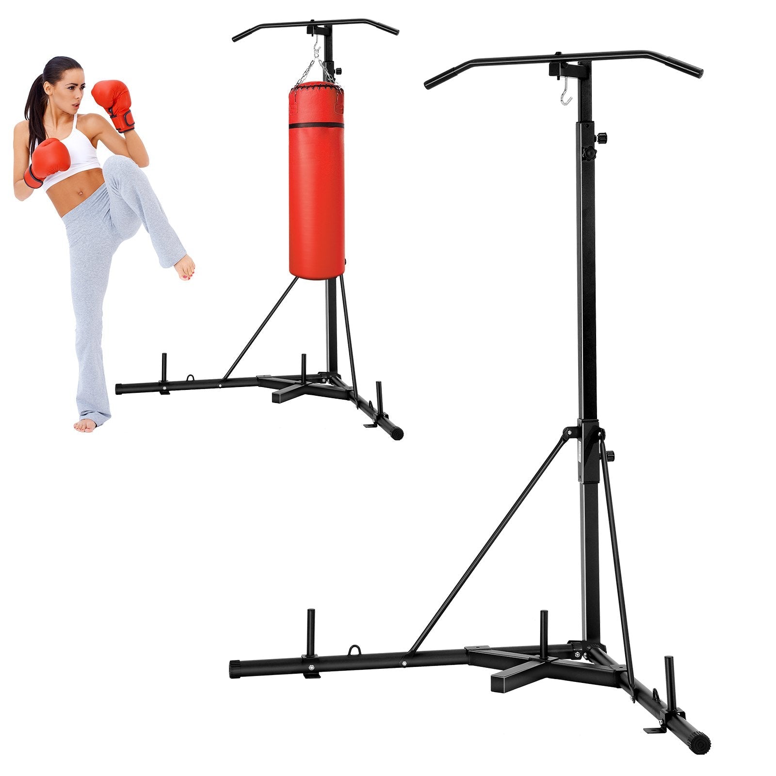 Heavy duty 2-in-1 steel punching bag stand shown holding a red bag while a boxer kicks, plus empty freestanding frame for home gym training.