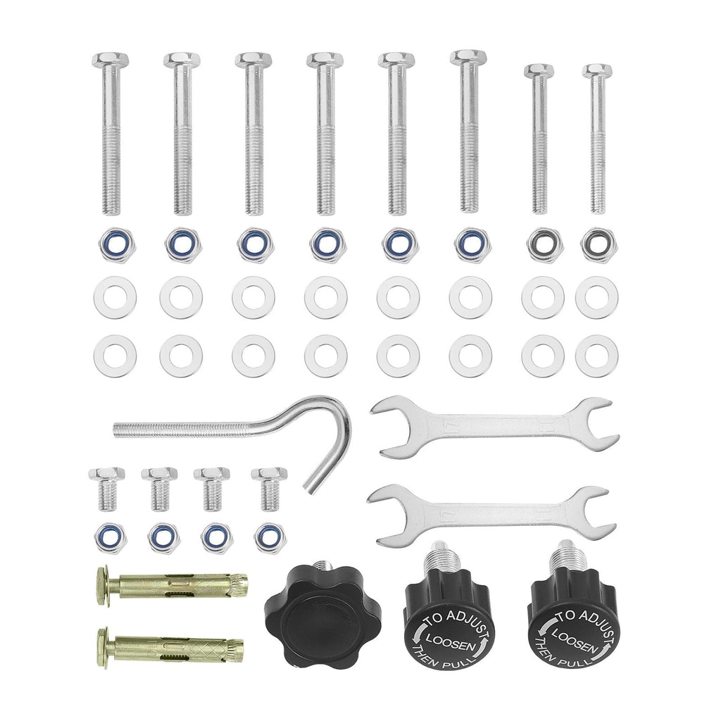 Assembly kit for 2 in 1 punching bag stand featuring screws, nuts, washers, hooks, adjustment knobs, and wrenches.