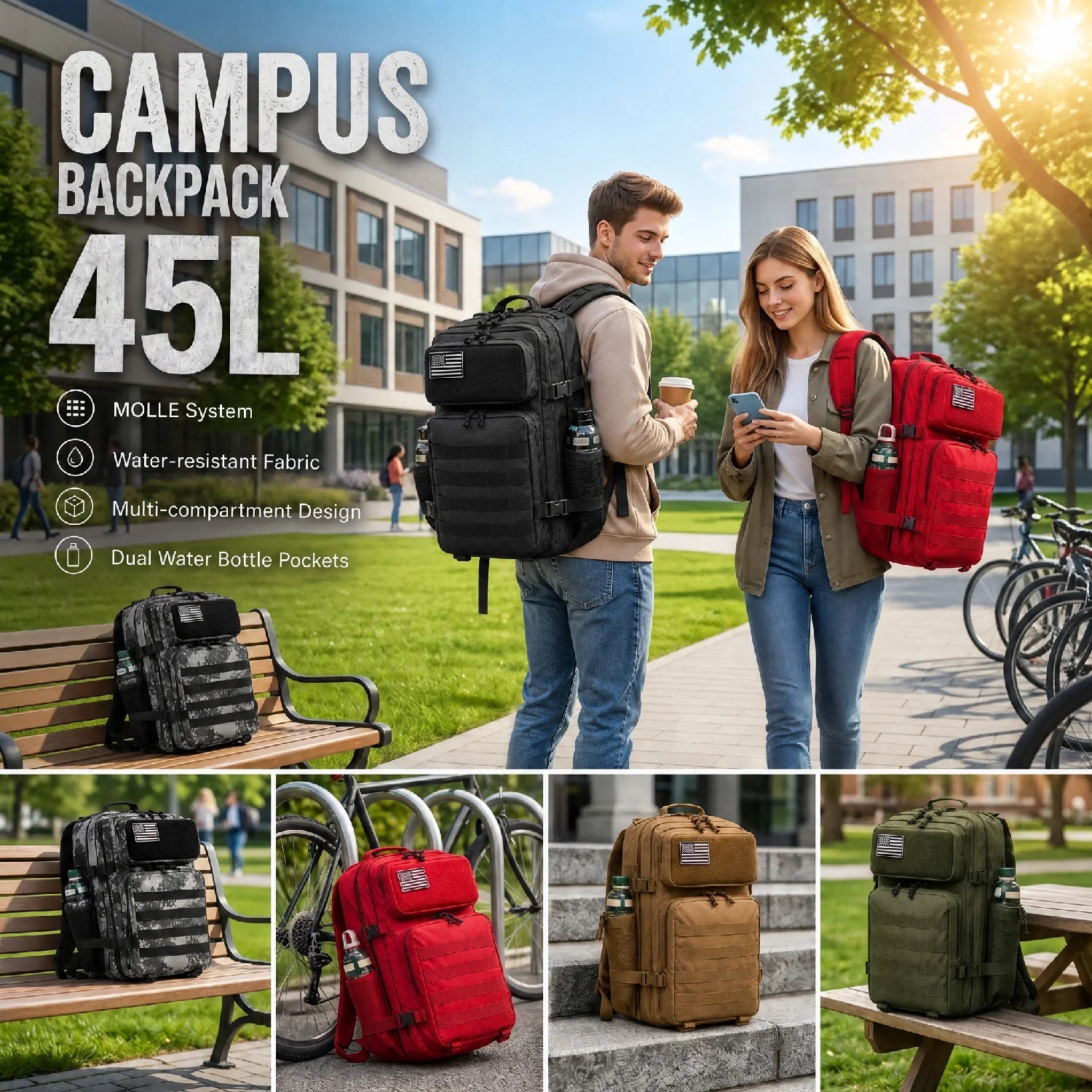 45L Large Capacity Tactical Fishing Backpack Angling Rucksack with Dual Water Bottle Cup Holders Outdoor Camping Fishing Tackle Storage Backpack for Sea Fishing Bank Fishing Hiking Trekking Travel Sports EDC Daily Carry Outdoor Fisherman Gear Bag - IronWear Co.
