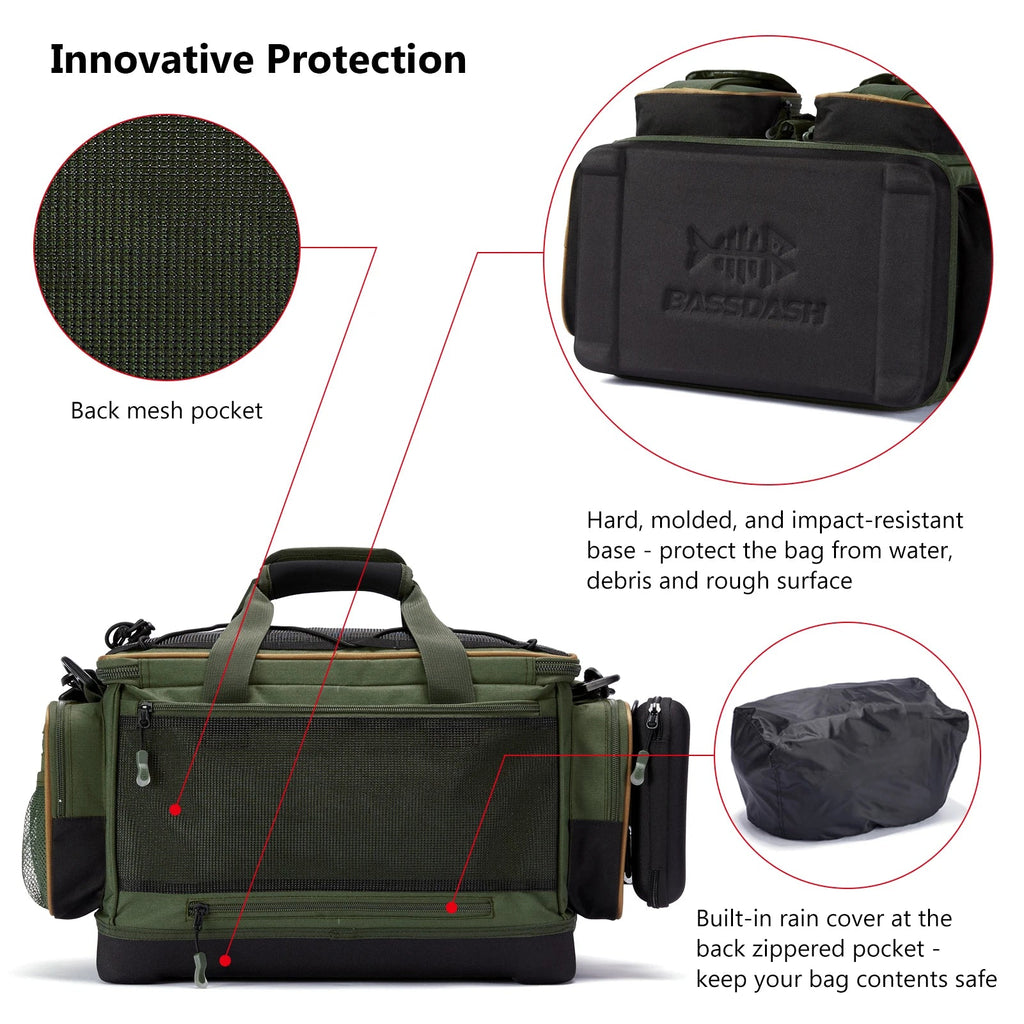 BASSDASH Fishing Tackle Shoulder Bag Water Resistant Lightweight Gear Storage Pack with Hard Molded Bottom Rain Cover - IronWear Co.
