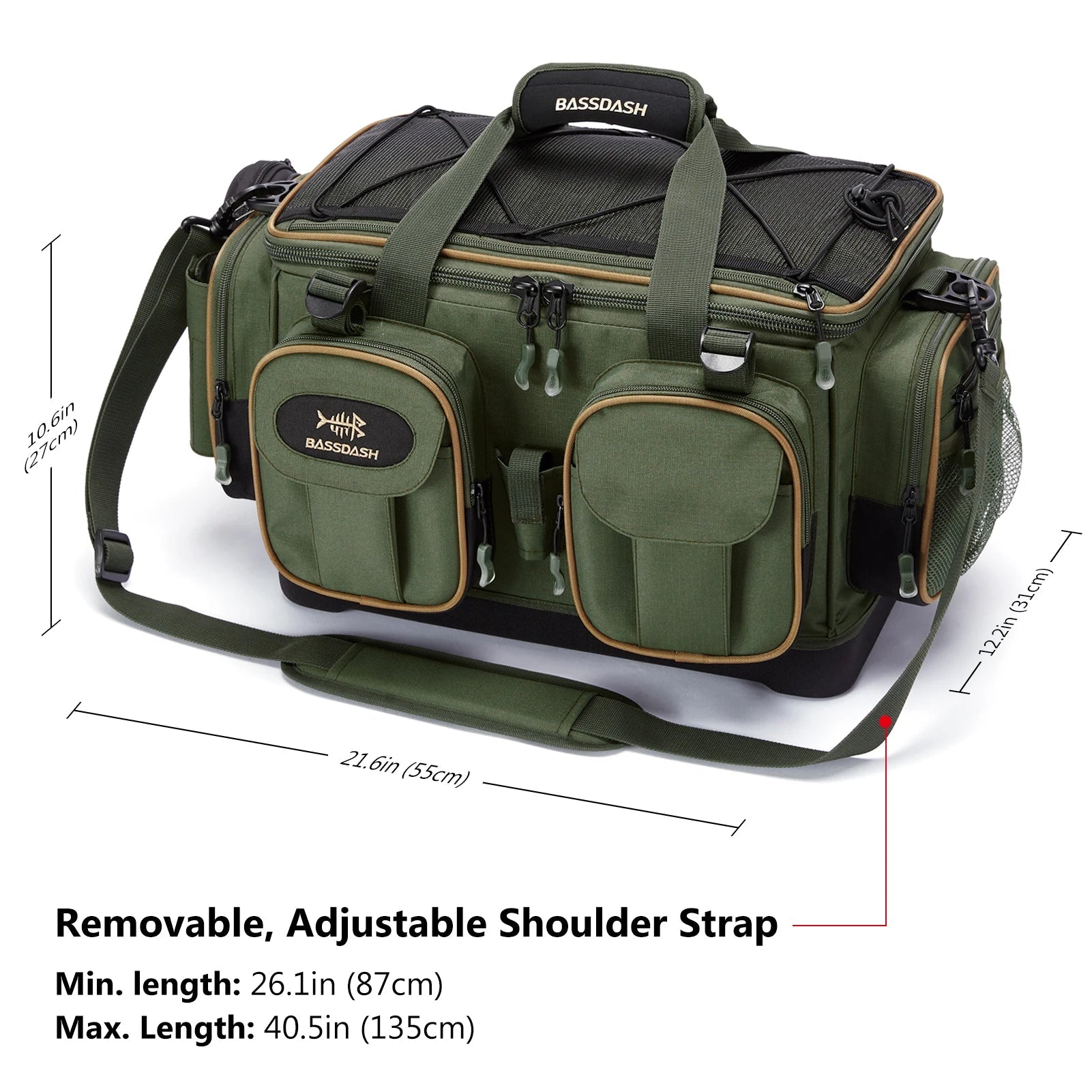 BASSDASH Fishing Tackle Shoulder Bag Water Resistant Lightweight Gear Storage Pack with Hard Molded Bottom Rain Cover - IronWear Co.