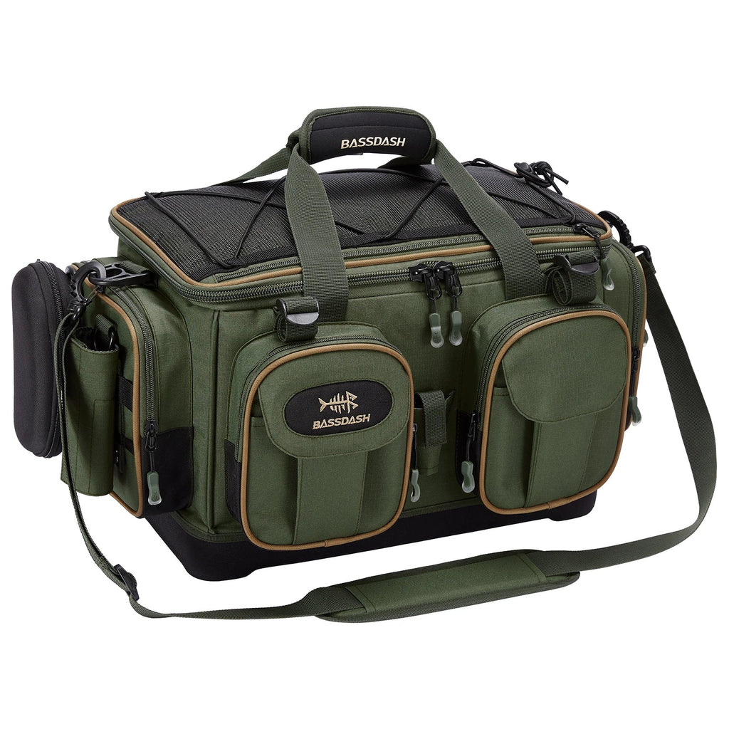 BASSDASH Fishing Tackle Shoulder Bag Water Resistant Lightweight Gear Storage Pack with Hard Molded Bottom Rain Cover - IronWear Co.