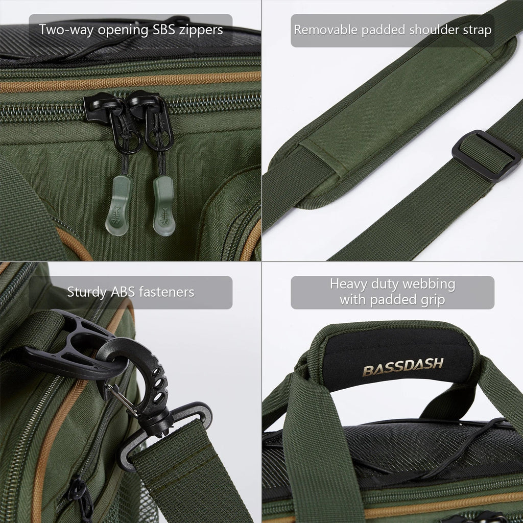 BASSDASH Fishing Tackle Shoulder Bag Water Resistant Lightweight Gear Storage Pack with Hard Molded Bottom Rain Cover - IronWear Co.