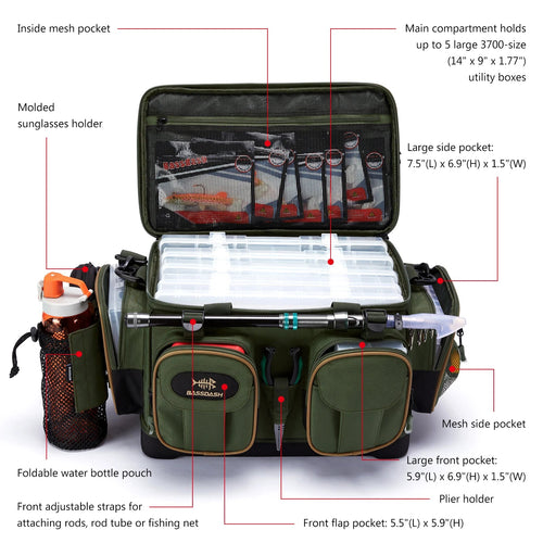 BASSDASH Fishing Tackle Shoulder Bag Water Resistant Lightweight Gear Storage Pack with Hard Molded Bottom Rain Cover - IronWear Co.
