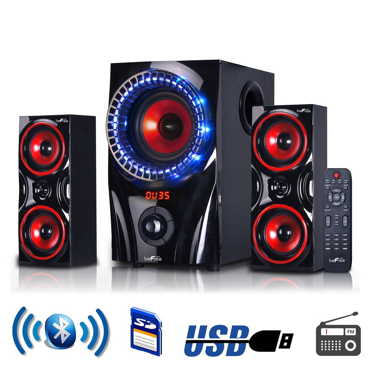 beFree Sound 2.1 Channel Bluetooth Surround Sound Speaker System in Red - IronWear Co.