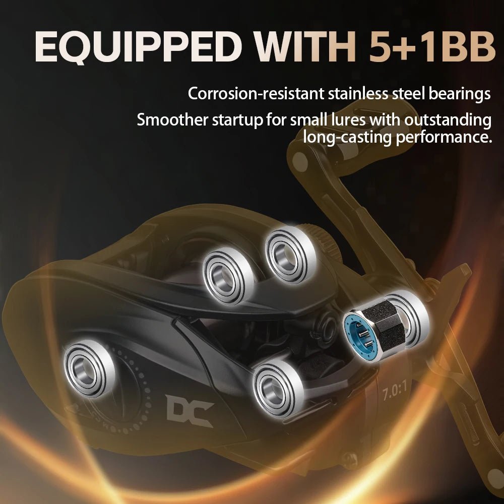 FISHINFANS C1Dc Baitcasting Fishing Reel Long Cast Max Drag 5kg Carbon Washers Brass Gears 7.0:1 5+1B DC Fishing Reel - IronWear Co.
